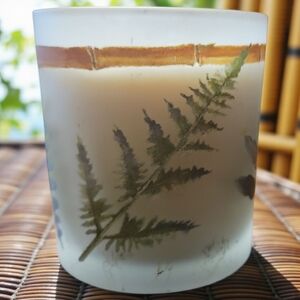 Vtg Hand Poured Painted Vanilla Scented Candle Ferns Bamboo Frosted Glass